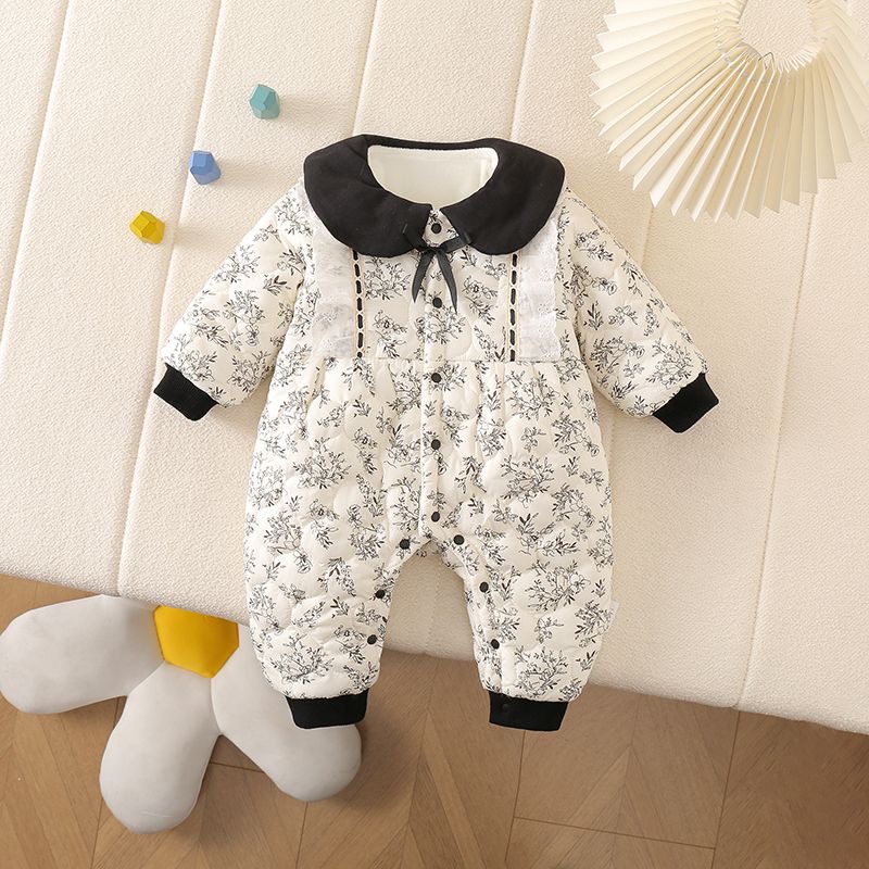 婴幼儿冬装公主衣服爬服洋气碎花宝宝夹棉连体衣加厚保暖棉服哈衣