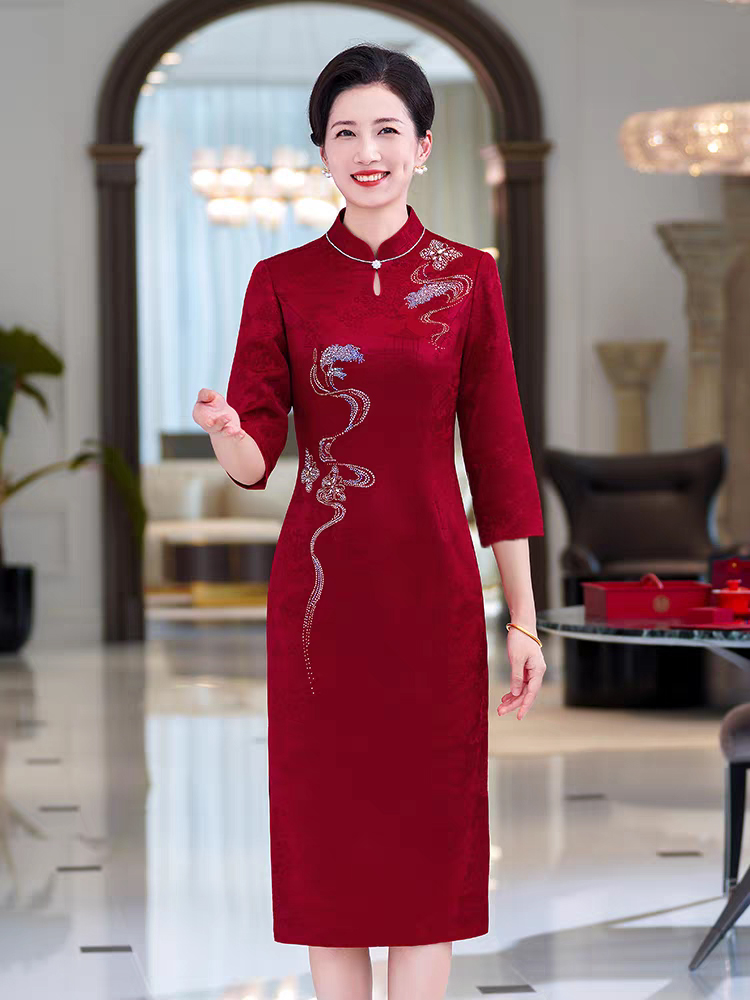 喜婆婆婚礼旗袍醋酸高档大码礼服显瘦秋冬气质中长款连衣裙日常