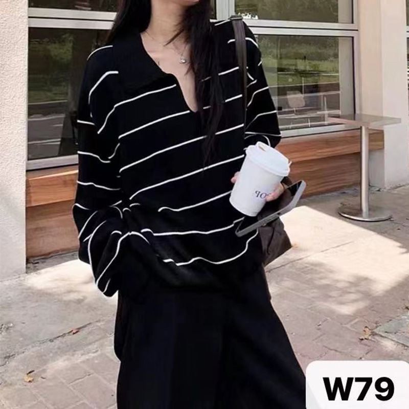 时尚毛针织衫网红慵懒风条纹法式针织长袖毛衣休闲长袖针织显瘦