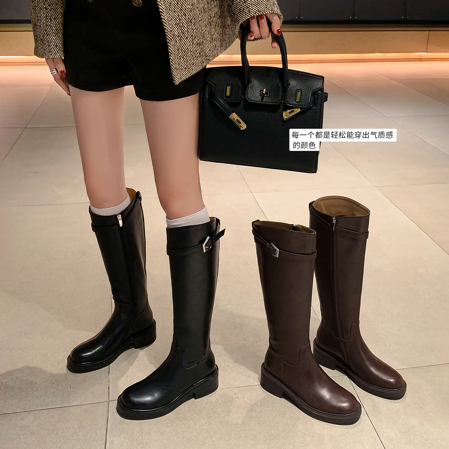 跟高4CM~粗腿大筒围秋冬新款斜跨带骑士靴洋气时尚不过膝简约气质