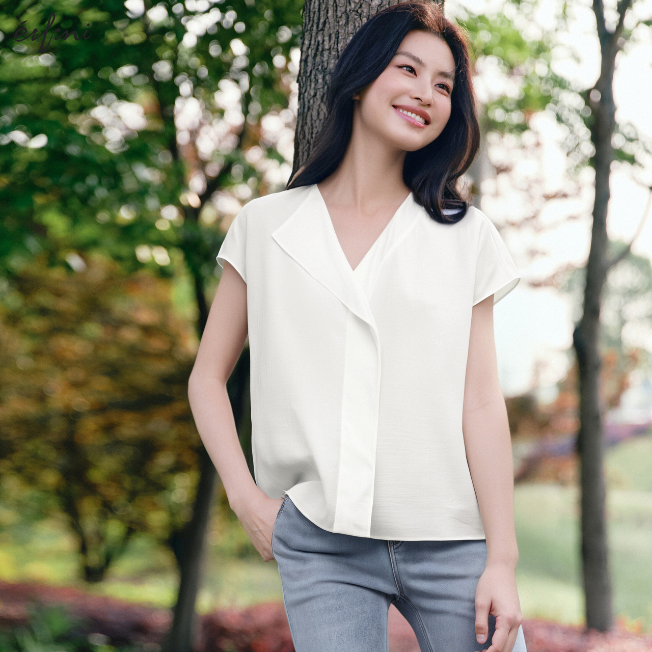 【醋酸莫代尔】伊芙丽不规则衬衫女25夏门襟设计短袖衬衣1G5921721