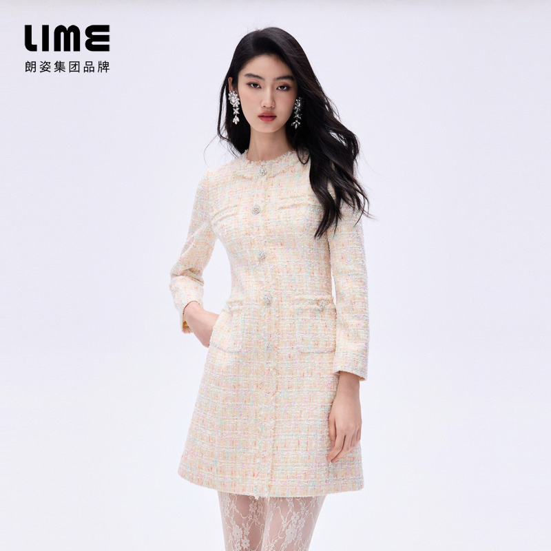 朗姿/莱茵【时光律动】千金风流苏边粗花呢连衣裙浅黄LDHADBCOP805