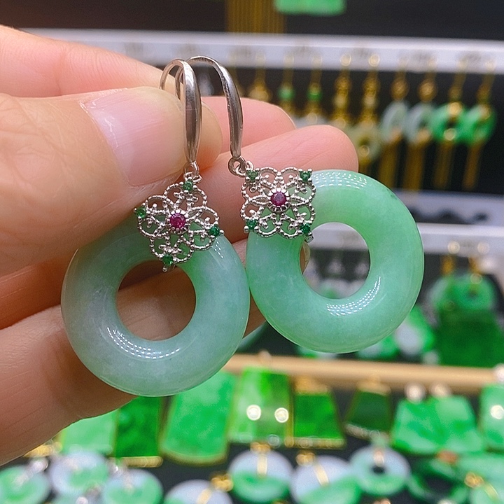 翡翠耳饰银S925镶嵌耳坠