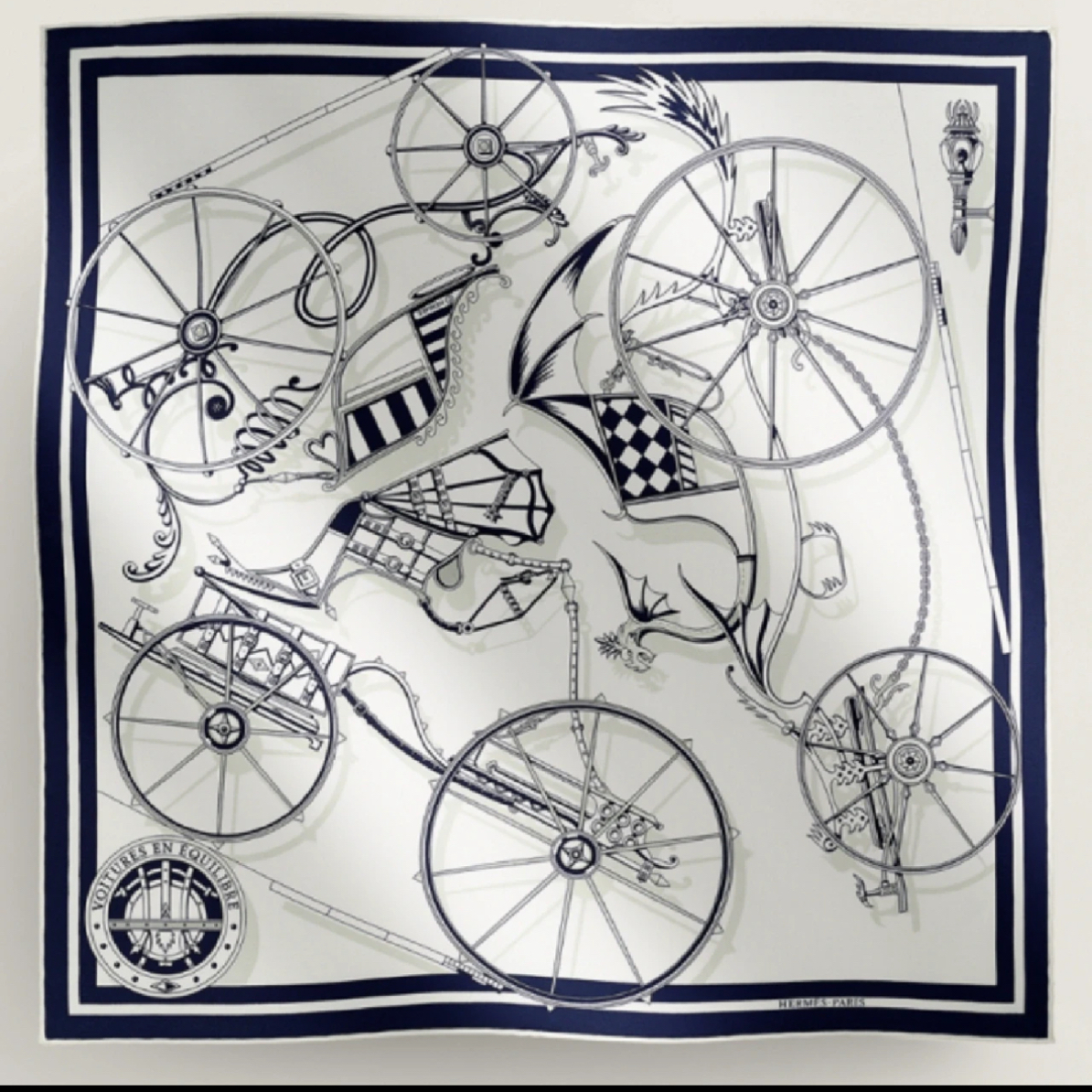 未使用 Hermes/爱马仕 《平衡马车》45*45挂画方巾 丝巾 围巾