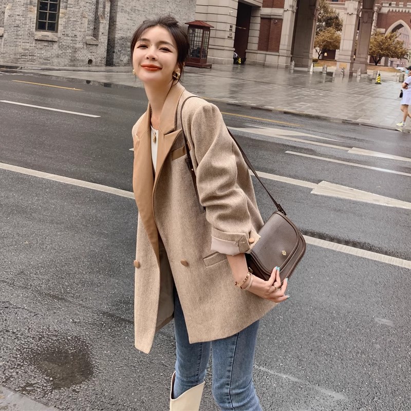 气质显瘦！毛呢拼皮西服秋冬季新款高级感炸街小众气质西装外套女