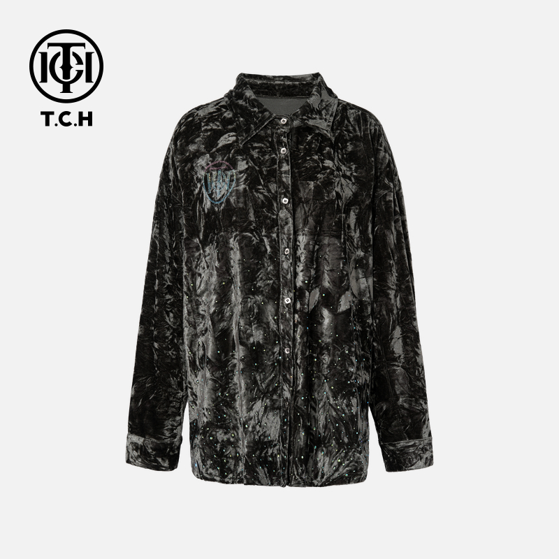 TCH-轻奢时尚墨绿色丝绒满天星衬衫T75C13E1021私服tch
