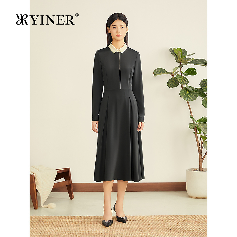 YINER音儿专选2025秋季新款法式弹力重绉桑蚕丝混纺衬衫领连衣裙