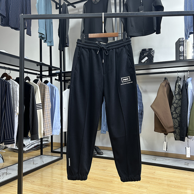 拼接设计松紧腰抽绳宽松束脚锥形休闲卫裤时尚九分裤男 Y5T2538