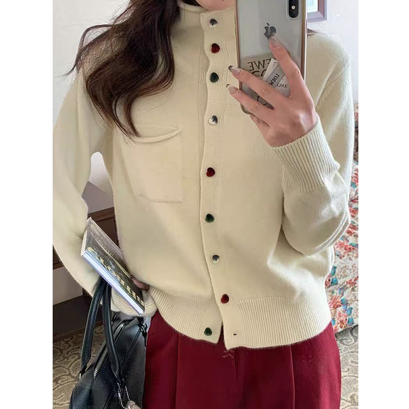 爱心扣温柔风高领开衫羊毛秋冬款内搭~509