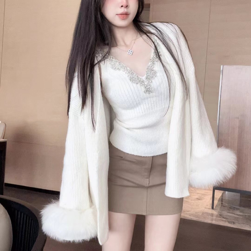 重工镶钻v领针织吊带背心女春秋名媛套装长袖毛衣外套上衣两件套 