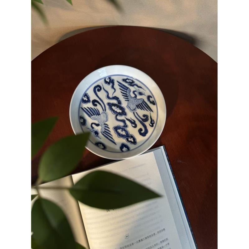 A416【蜕观堂】景德镇手工手绘青花双凤壶承 直径17cm，