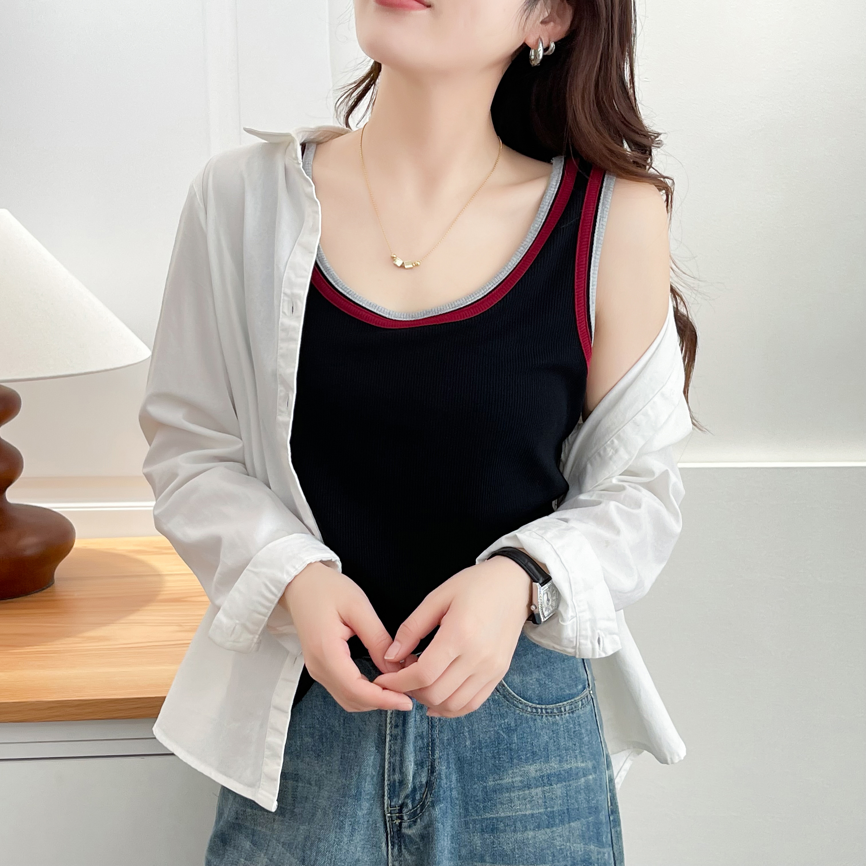 微胖MM秋季新款内搭撞色拼接吊带背心女大码宽松百搭显瘦打底上衣