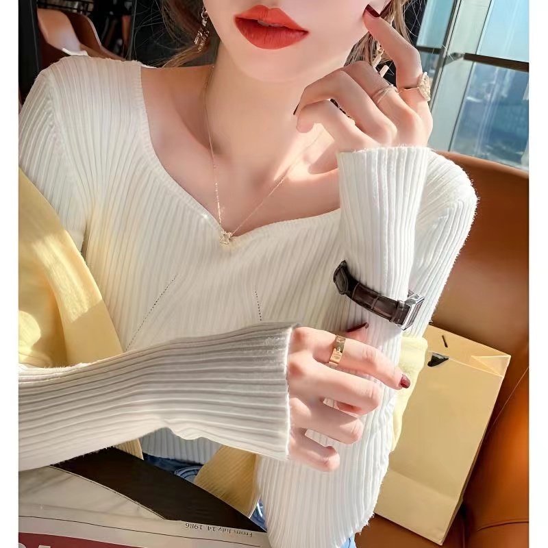 纯色冬季针织长袖女V领毛针织衫针织衫修身气质秋冬