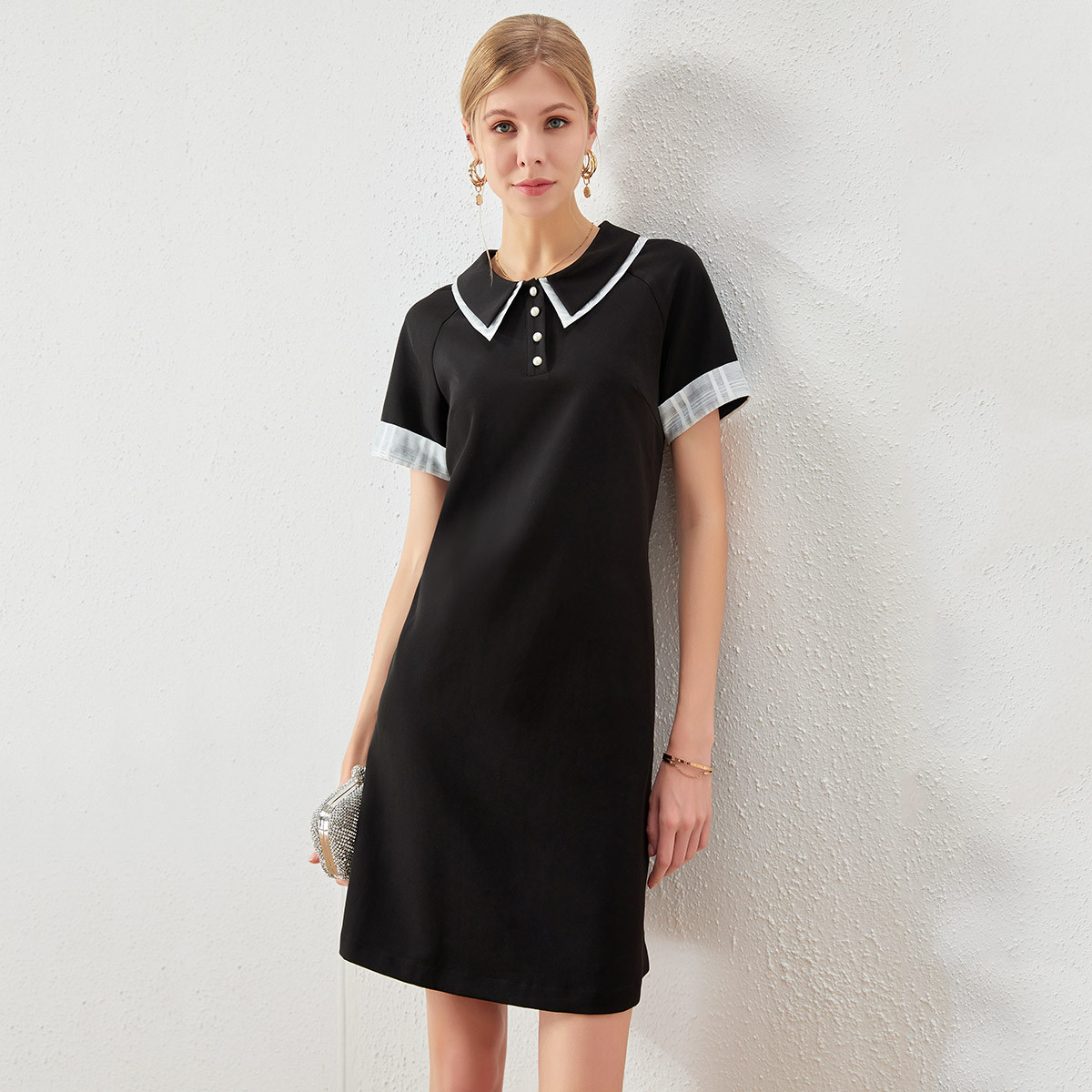 夏季复古甜美仙女裙翻领撞色拼接短袖POLO连衣裙22SAQ9488HS
