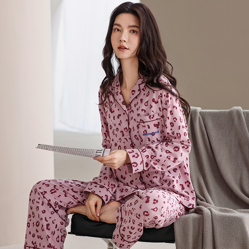 2025新款莉莉女士加厚纯棉紫色豹纹开衫长袖睡衣家居服套装可外穿