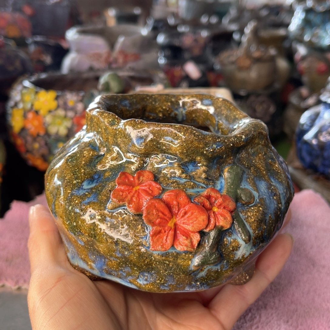 红陶粗砂陶手工花盆