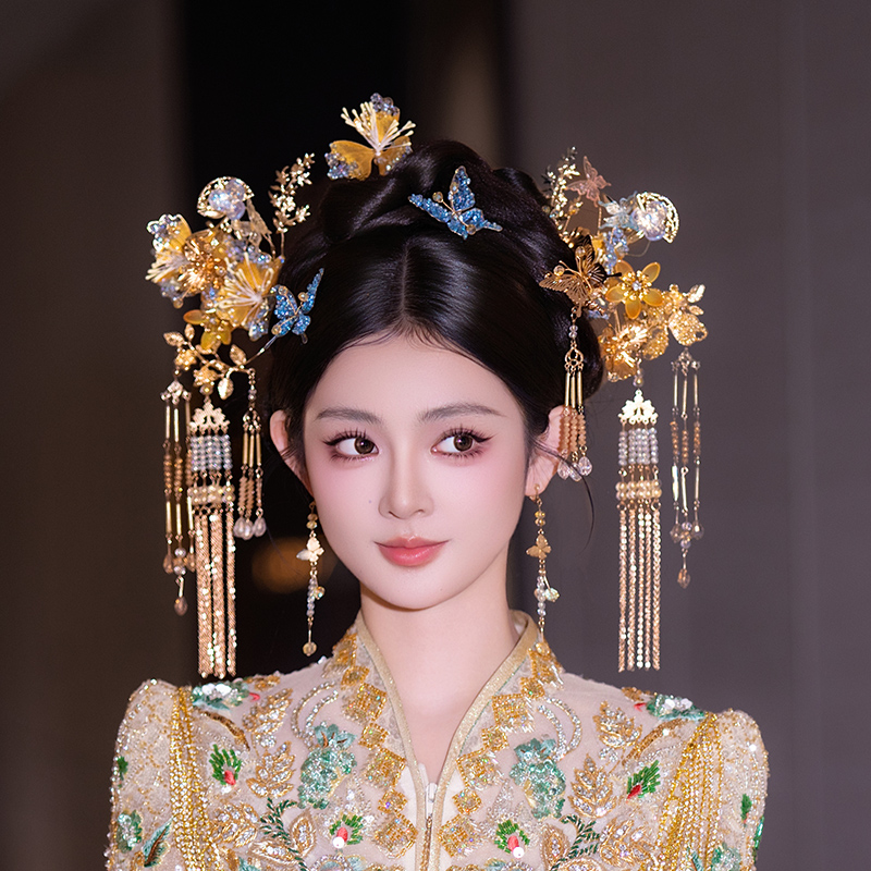 合金婚庆饰品 新娘中式造型浅色蝴蝶流苏发簪秀禾服结婚发饰G0258