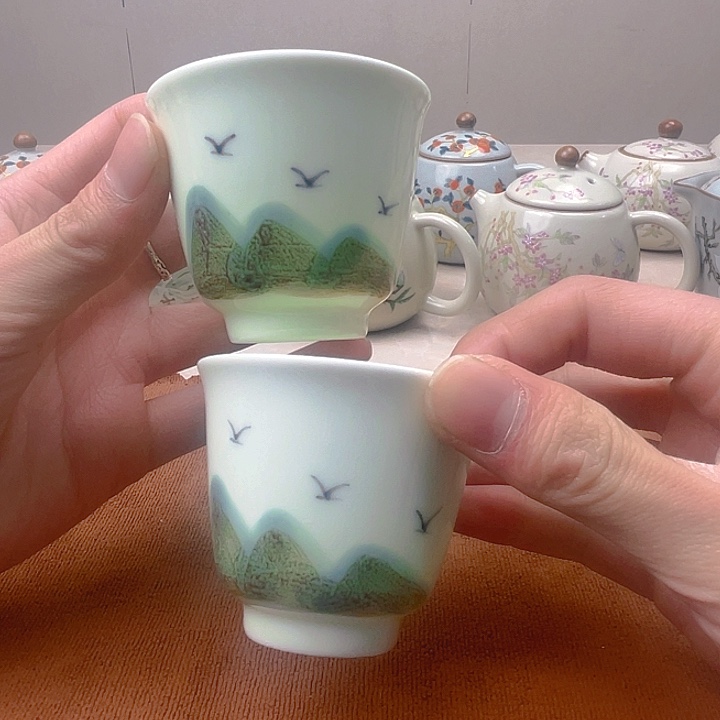 羊脂玉手绘山鸟主人杯两支装