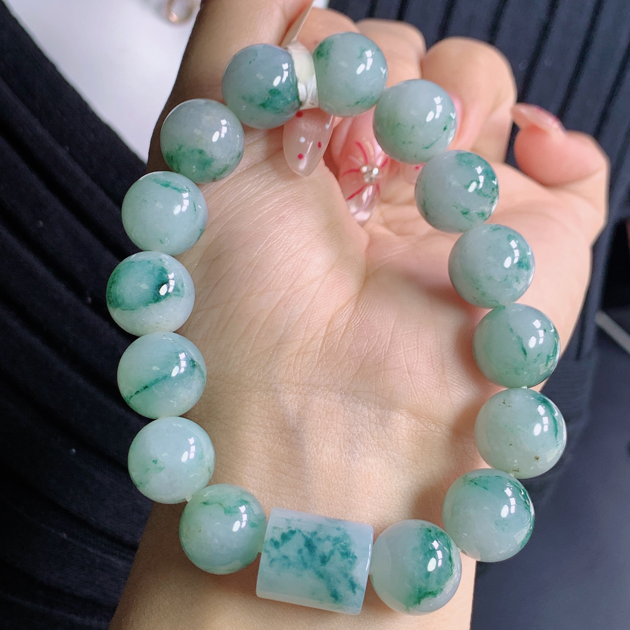 天然缅甸A货翡翠玉石珠宝老坑飘花圆珠路路通手串j尺寸13mm配证书