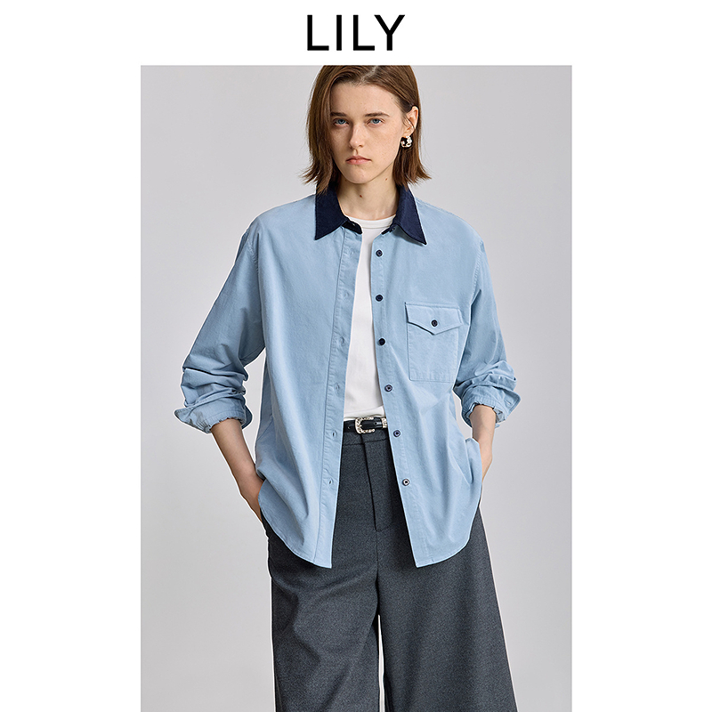 LILY2025冬新款女装工装撞色灯芯绒翻领休闲衬衫外套125419C4910