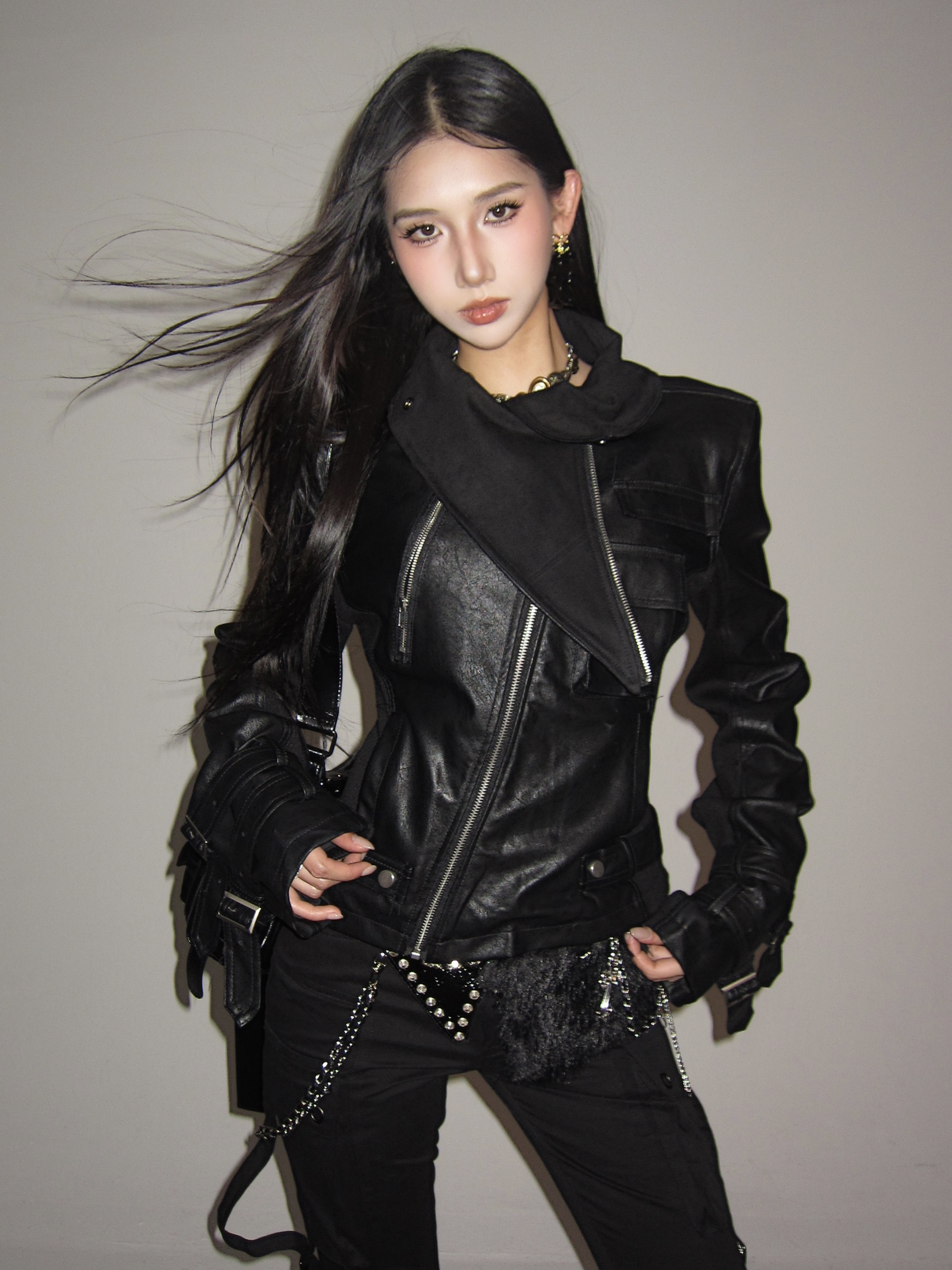 6NE 美式机能风黑色皮衣外套女短款机车显瘦百搭夹克上衣2025秋冬