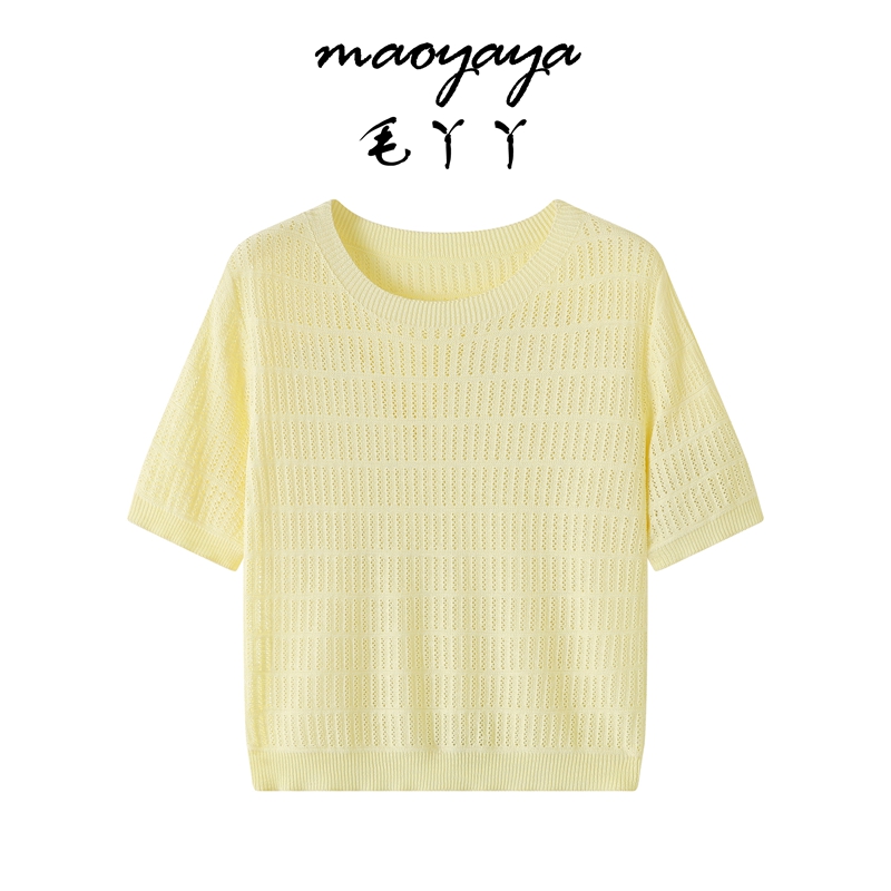 夏季无缝一体短袖针织衫女百搭休闲显瘦T恤气质小个子镂空小众女