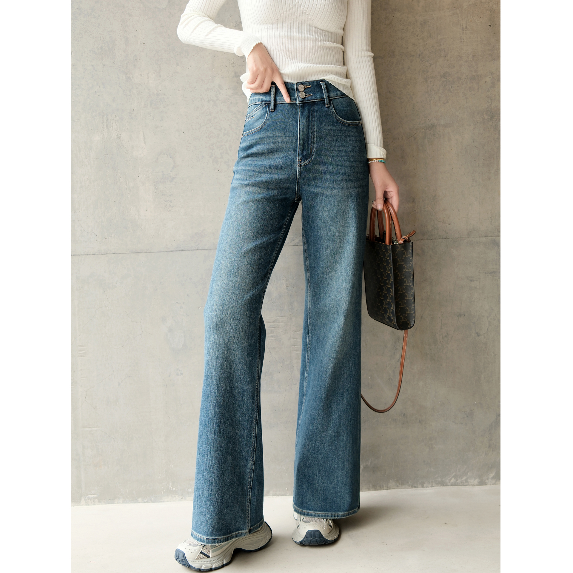 加厚绒垂感显瘦高腰直筒裤 高腰水洗做旧牛仔裤 弹力棉宽松阔腿裤