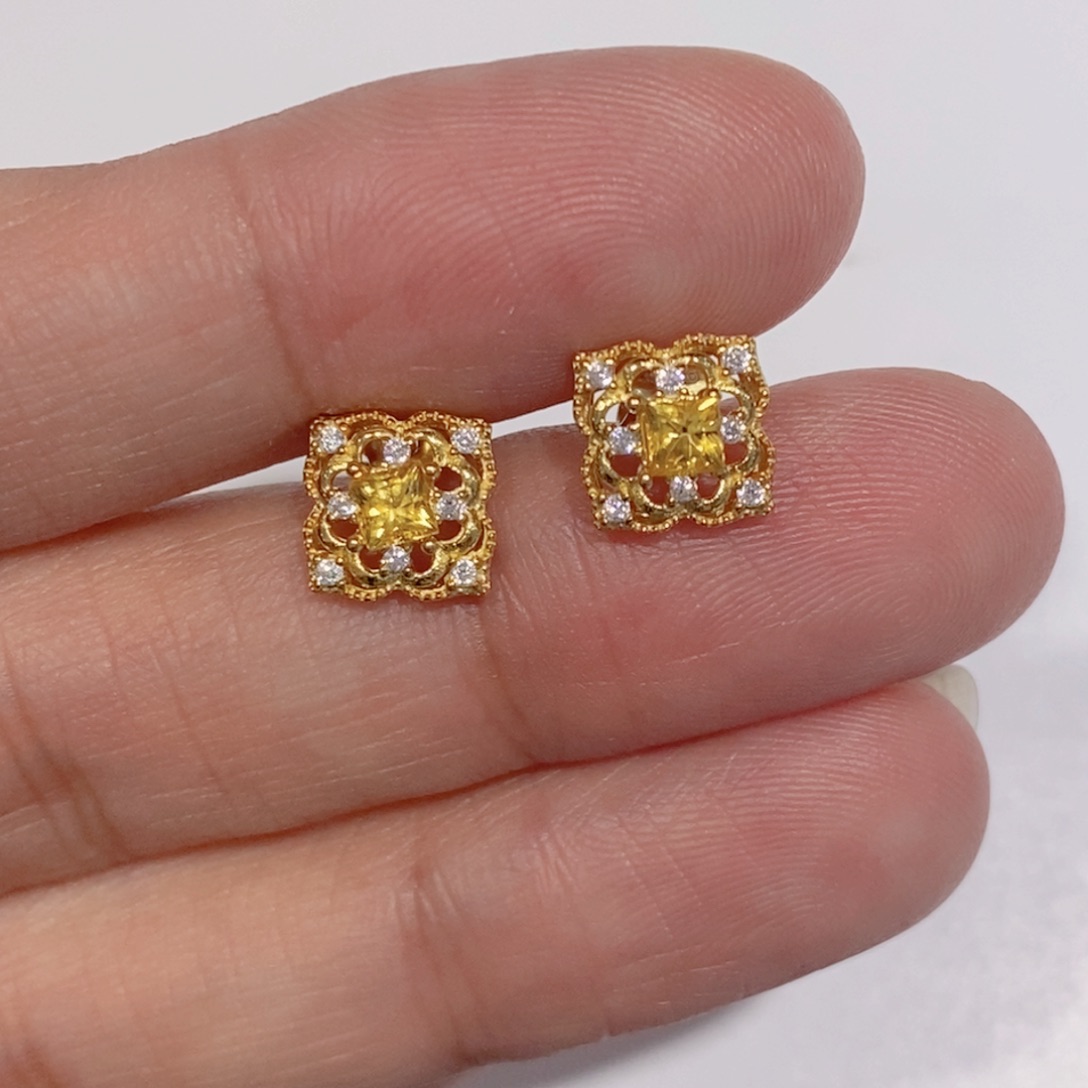 蓝宝石耳饰银S925镶嵌黄蓝宝耳钉不退不换