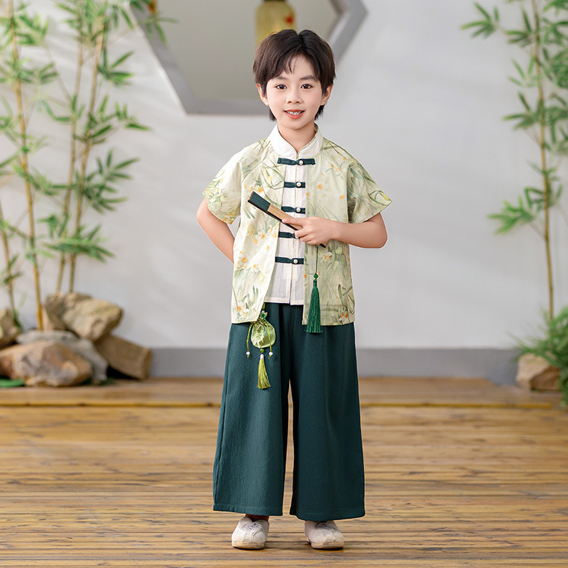 儿童汉服夏款男童中国风古装套装女童民国风唐装幼儿园朗诵演出服