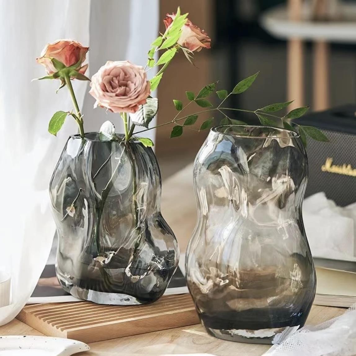 欢乐豆 | 不规则玻璃花瓶加厚原色料褶皱艺术水养鲜花插花器客厅