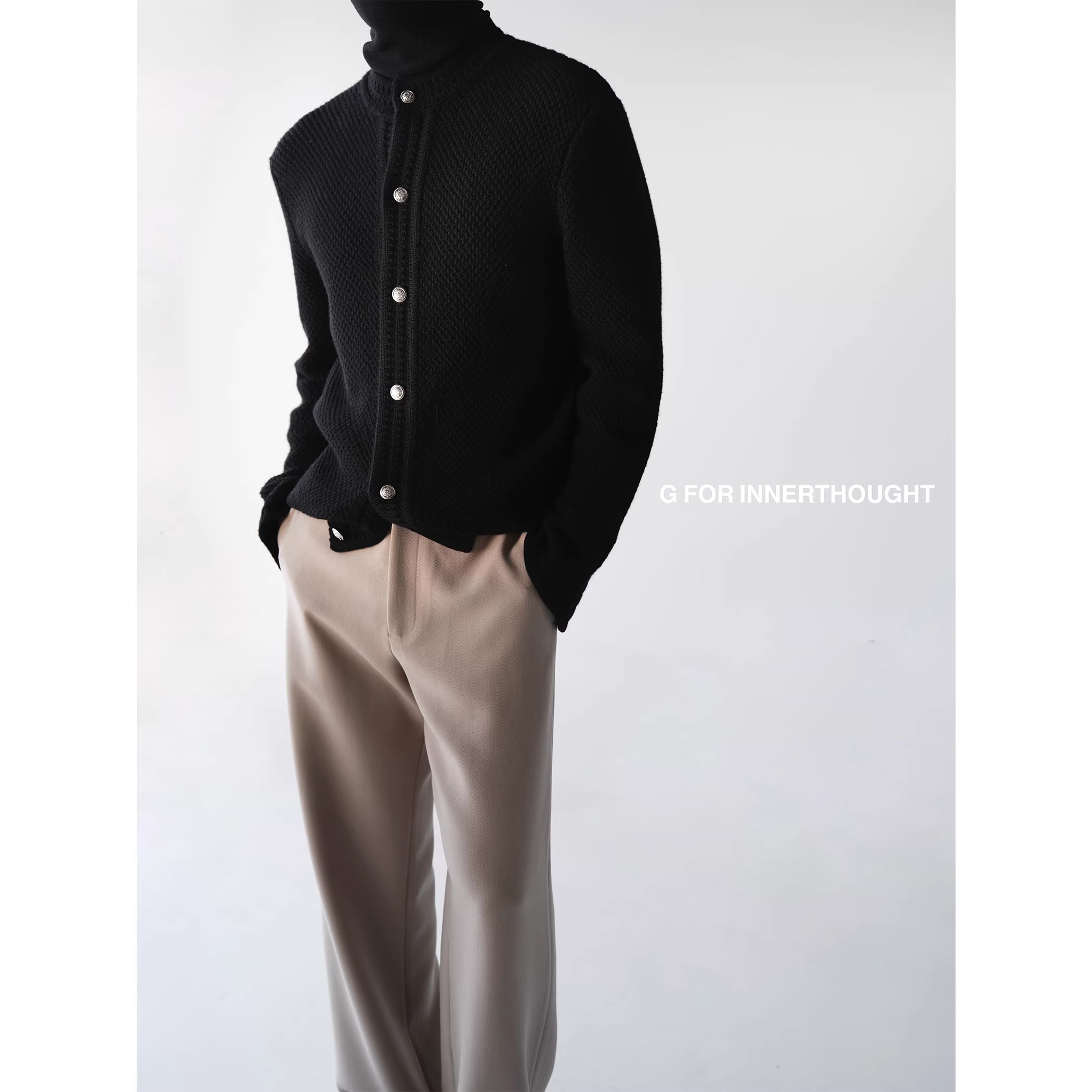 G FOR INNERTHOUGHT超重磅美丽诺羊毛复古银扣小香风针织开衫毛衣