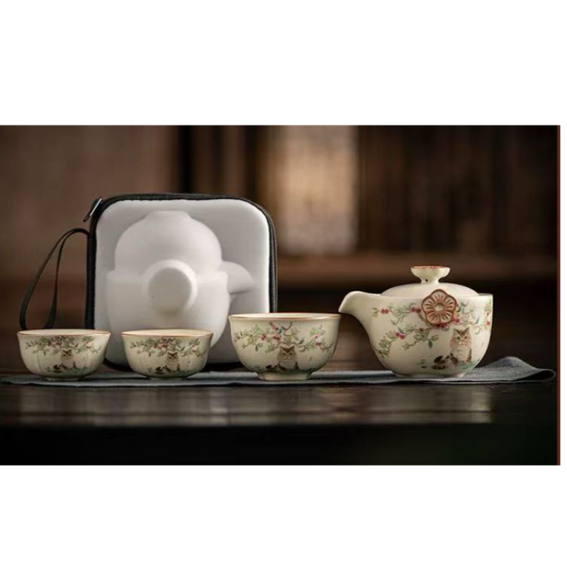 汝窑开片猫咪手抓快客杯旅行套装5939