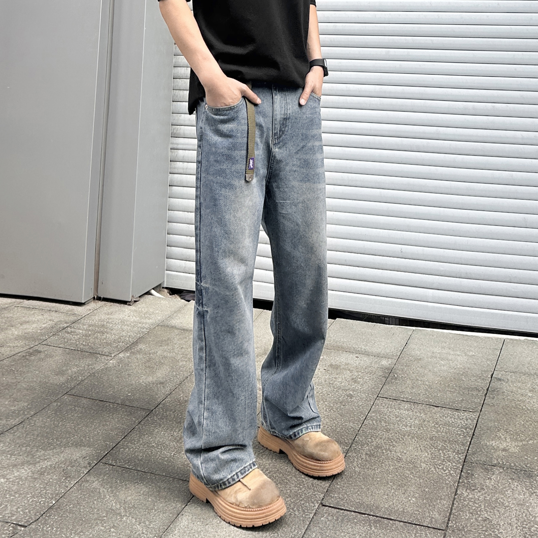 QUALCOMM潮流美式猫须纹长裤男春季复古百搭显高宽松直筒牛仔裤子