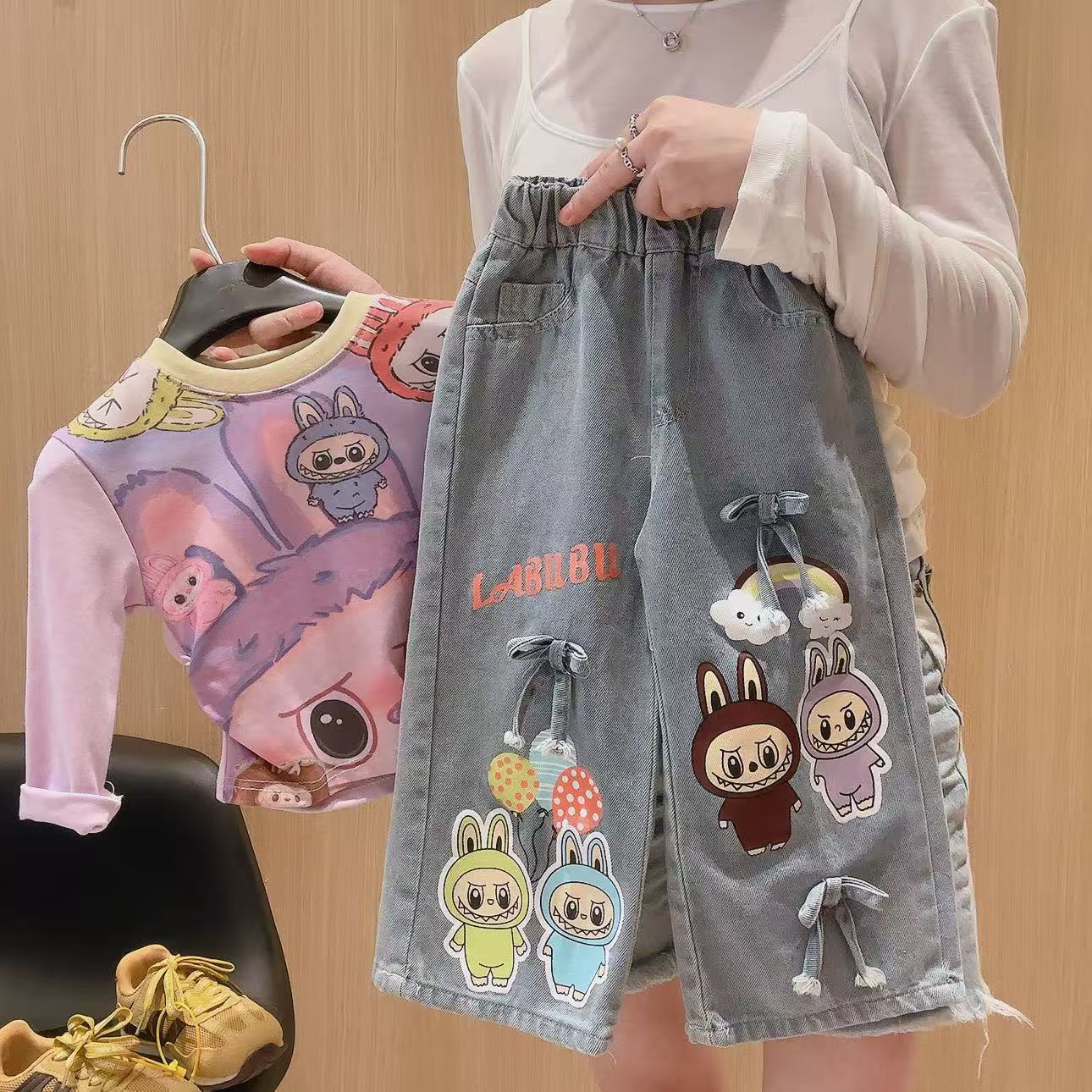 新品女童蝴蝶结牛仔裤2025新款儿童洋气阔腿裤中小童长裤直筒裤