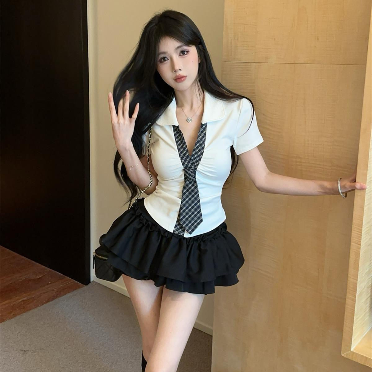 纯欲辣妹领带修身衬衫短裙套装jk制服KTV桌球台球电竞网咖工作服