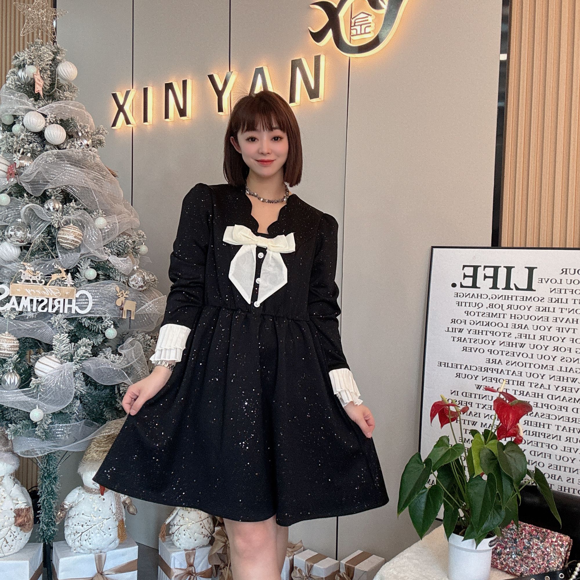 【木果甄选】春季新款女装星空大码连衣裙遮肉显瘦百搭ins风