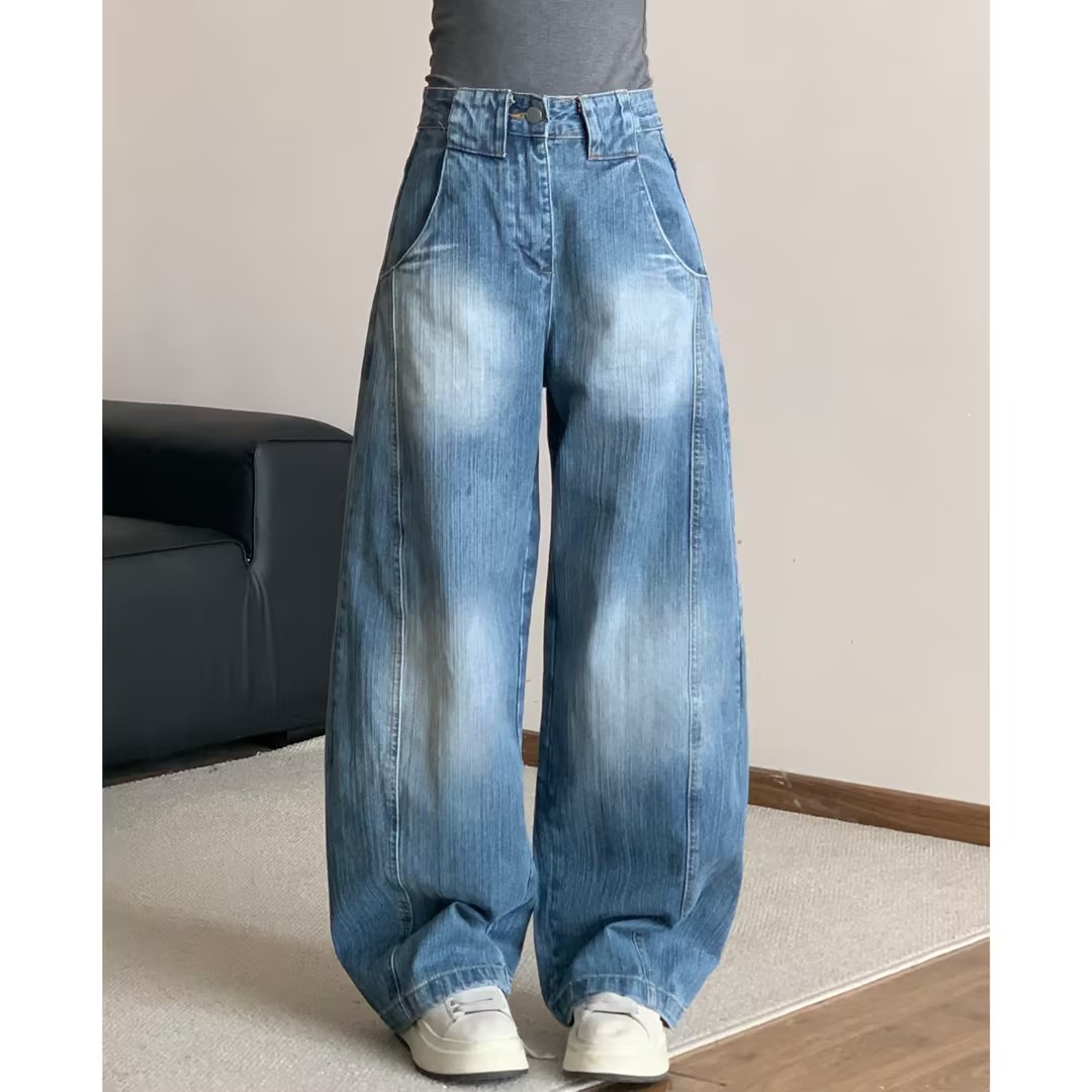 设计感树脂洗水高腰宽松显瘦弯刀裤堆堆裤SK278