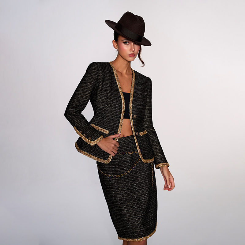 FIND YA WINGS 高级设计复古回潮金条纹小香风套装女短款外套短裙