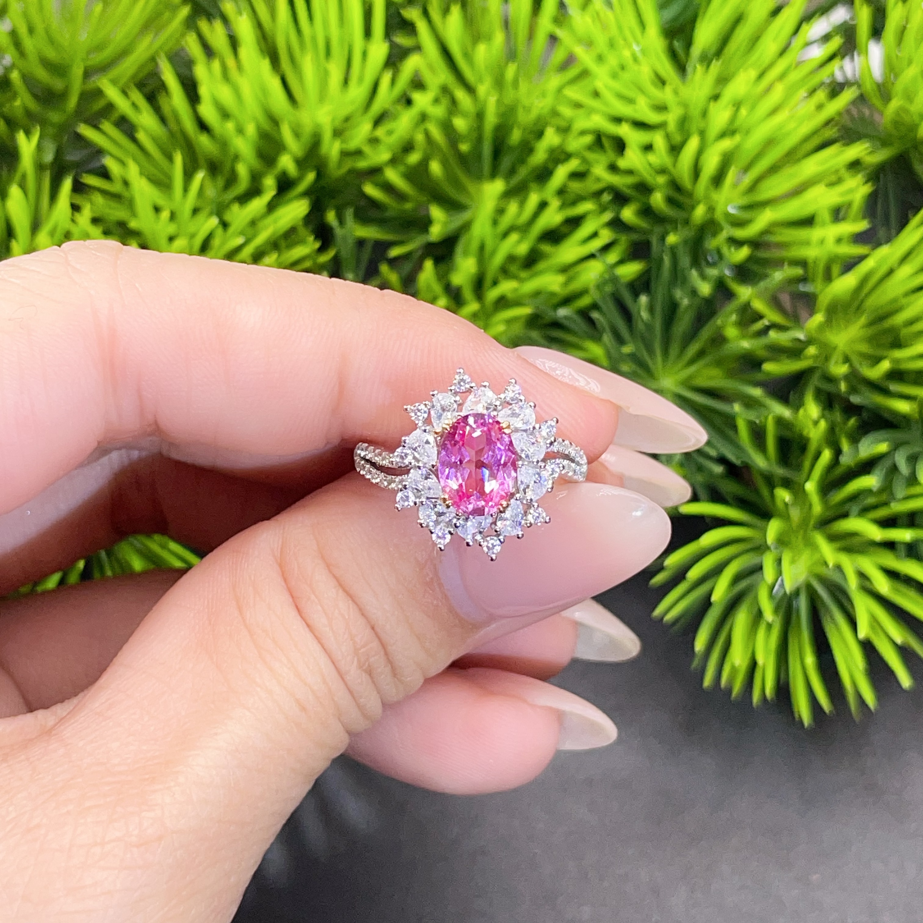 925银戒指 粉色宝石戒指帕帕拉恰培育主石克拉戒甜美百搭时尚