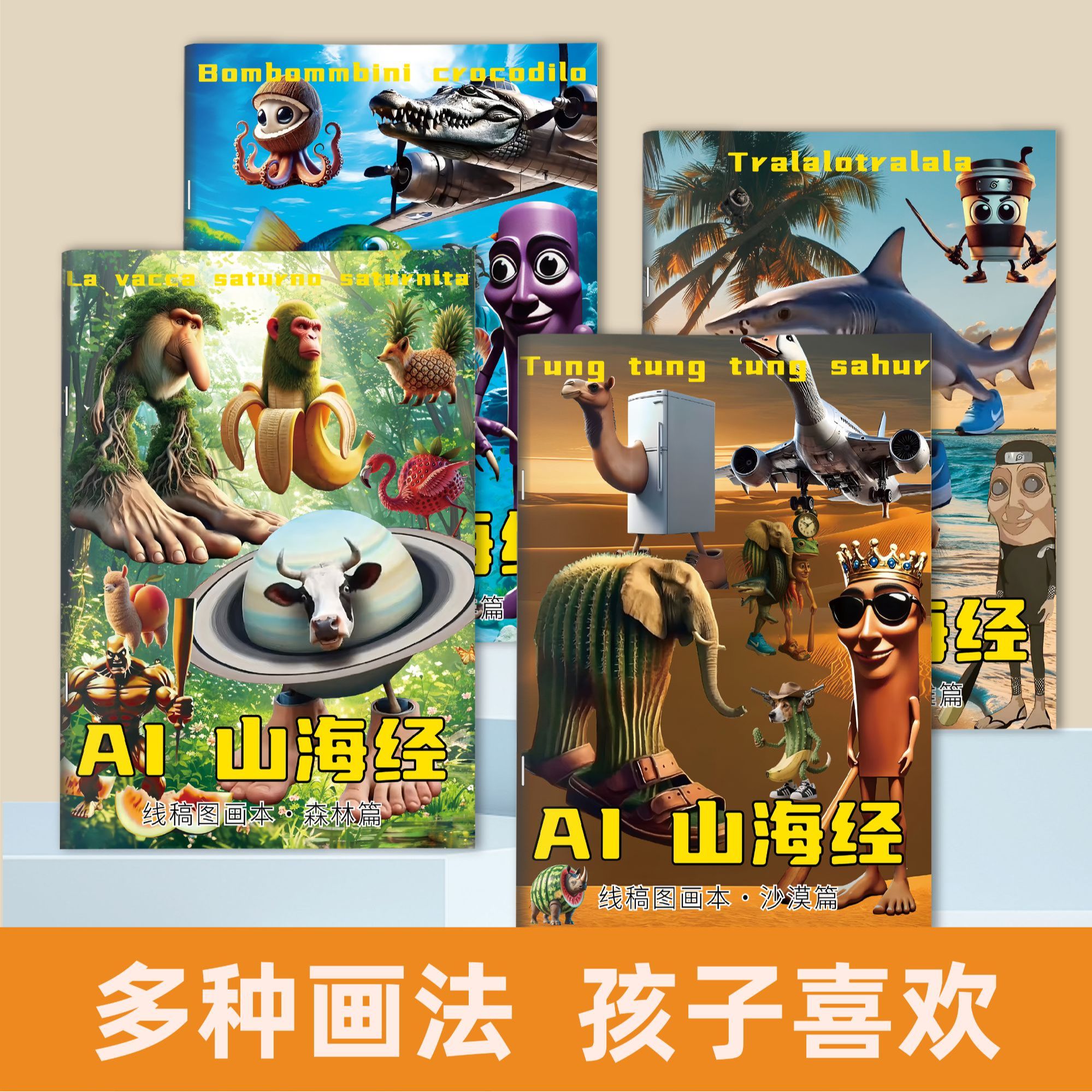ai山海经外国山海经木棍人tung穿鞋鲨鱼描摹本抽象涂鸦填色绘画本
