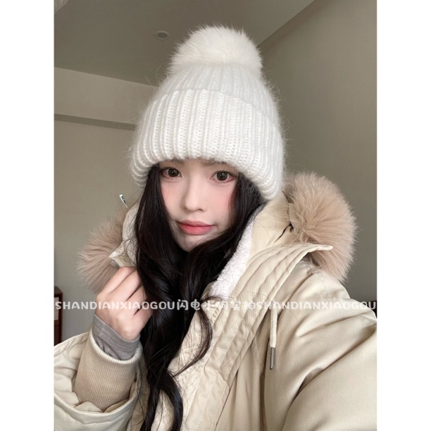 冰岛兔毛混纺包头帽*百搭针织毛球护耳帽女秋冬显脸小保暖包头帽