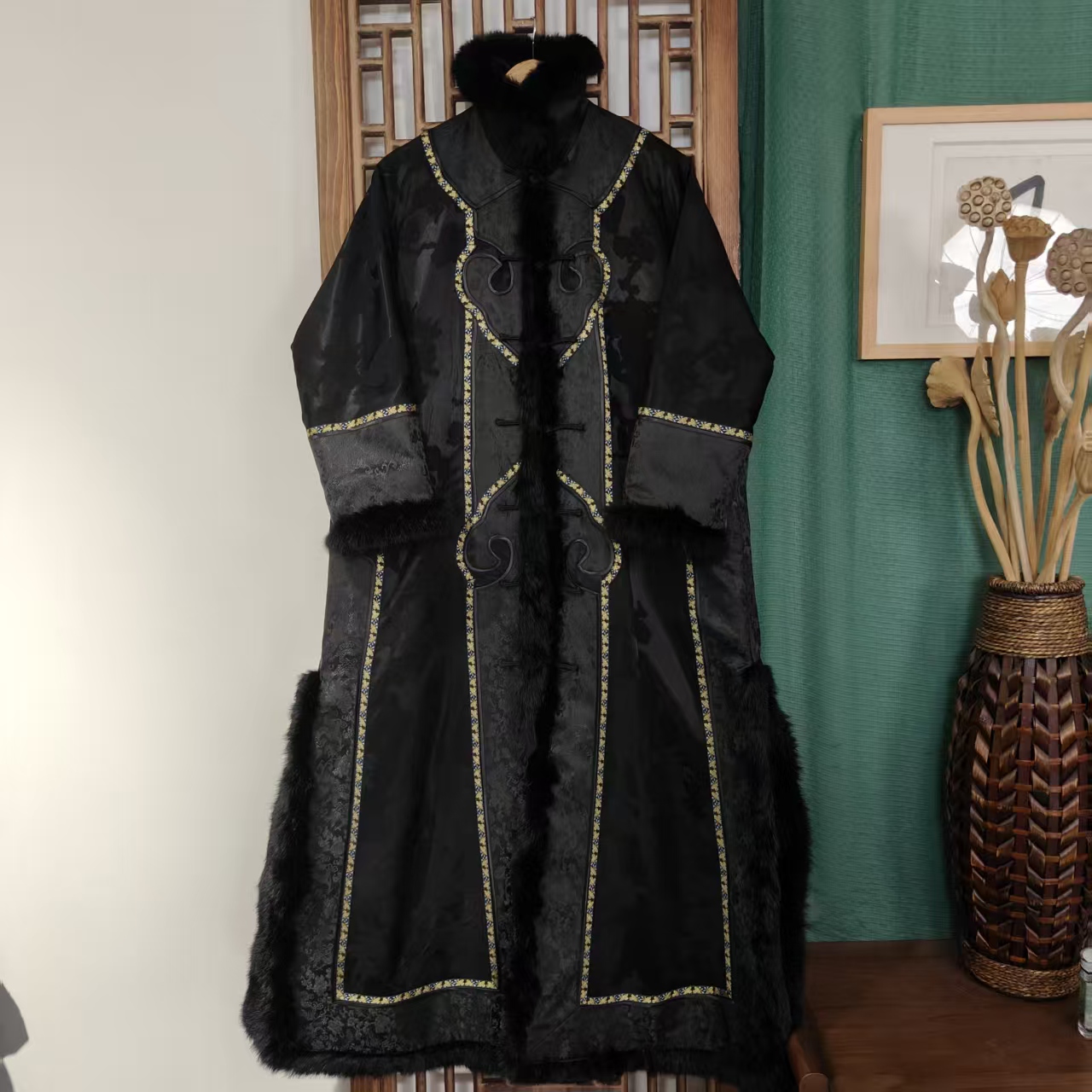 棉（LS820）凤徕兮私人定制黑色暗纹花毛毛如意头对襟盘扣棉服