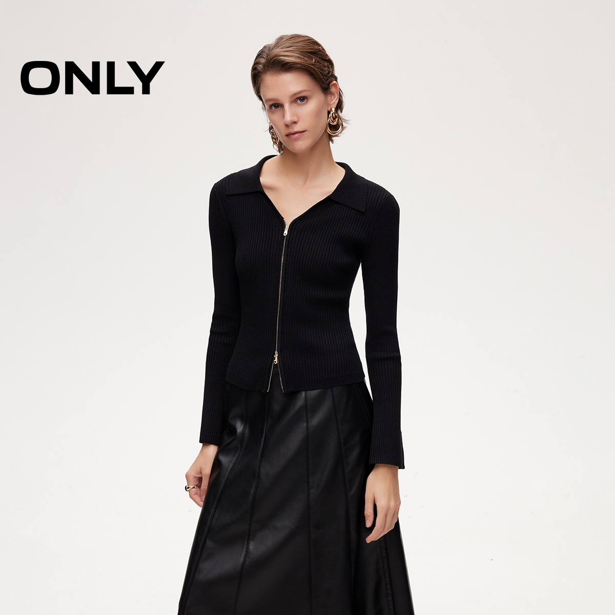 2025秋季新款V领显瘦坑条肌理双向拉链针织衫女|12543B005