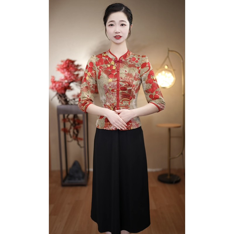 （1号红圈*7分袖假两件）2025春季新款妈妈气质红色改良旗袍连衣裙