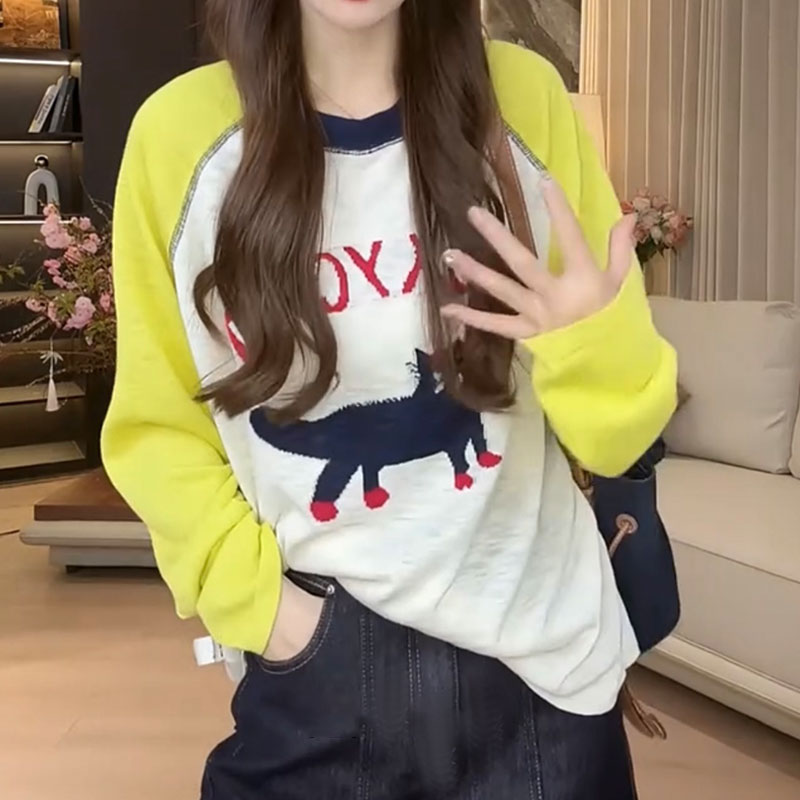 韩版撞色插肩袖猫咪图案圆领t恤女春夏宽松时尚长袖防晒罩衫上衣