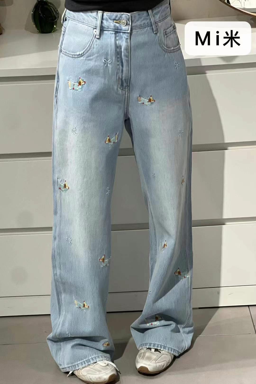 重工刺绣高腰显瘦直筒牛仔裤刺绣设计感潮流长裤阔腿裤66055