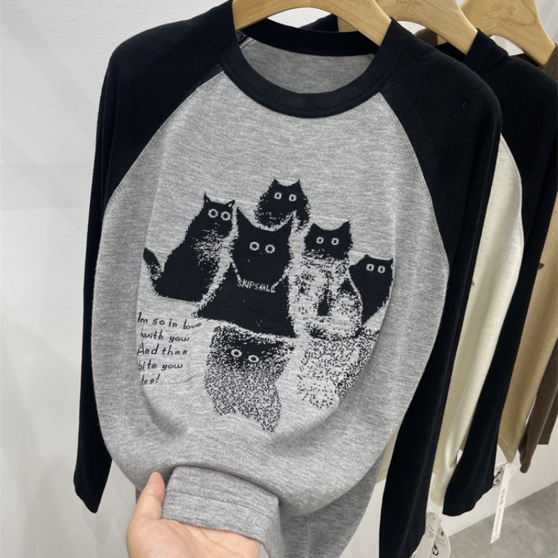 3553早秋新款时尚猫咪插肩袖撞色拼接长袖T恤圆领针织衫上衣