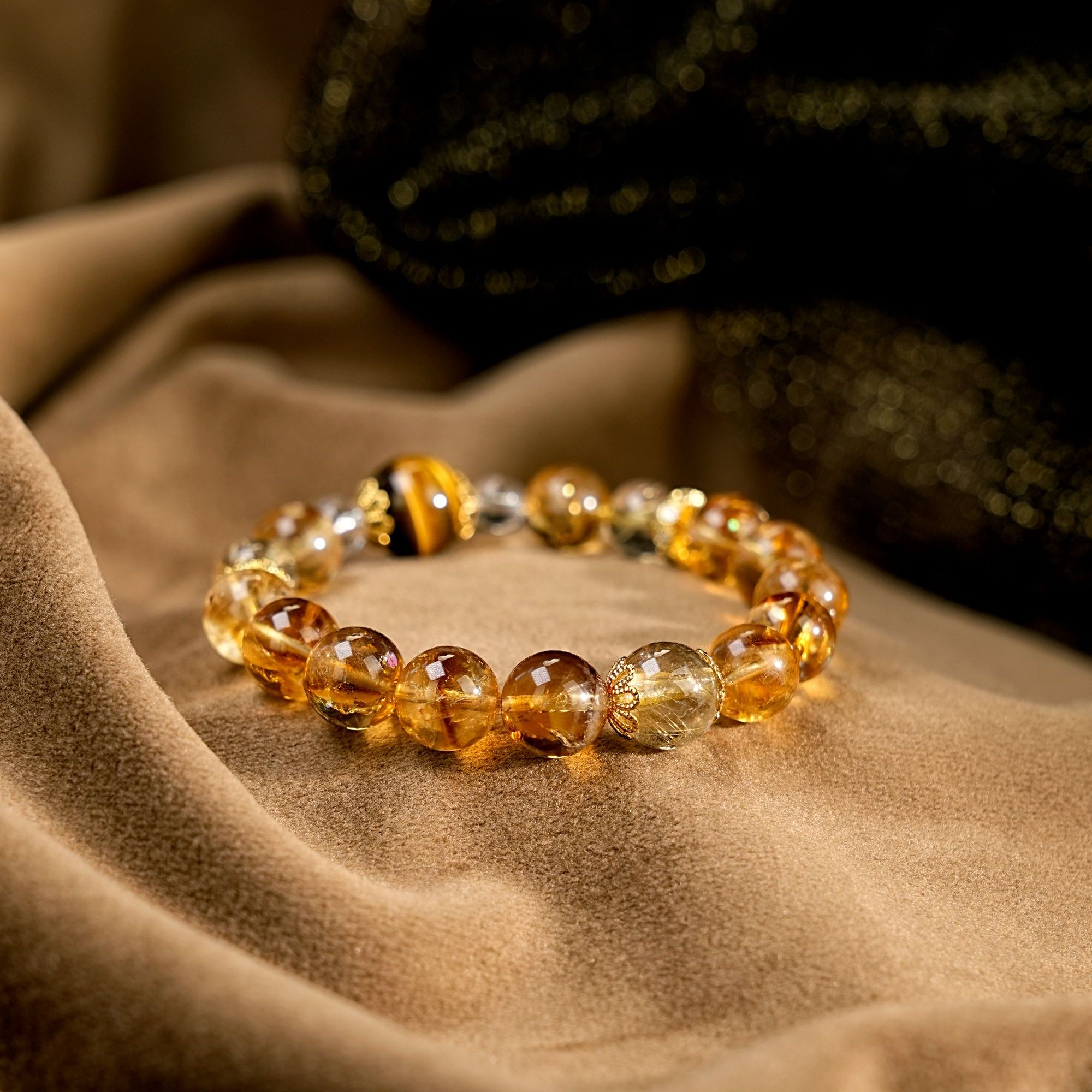 【金满楼】巴西黄塔晶9-10mm高品闪电纹虎眼石+金发晶