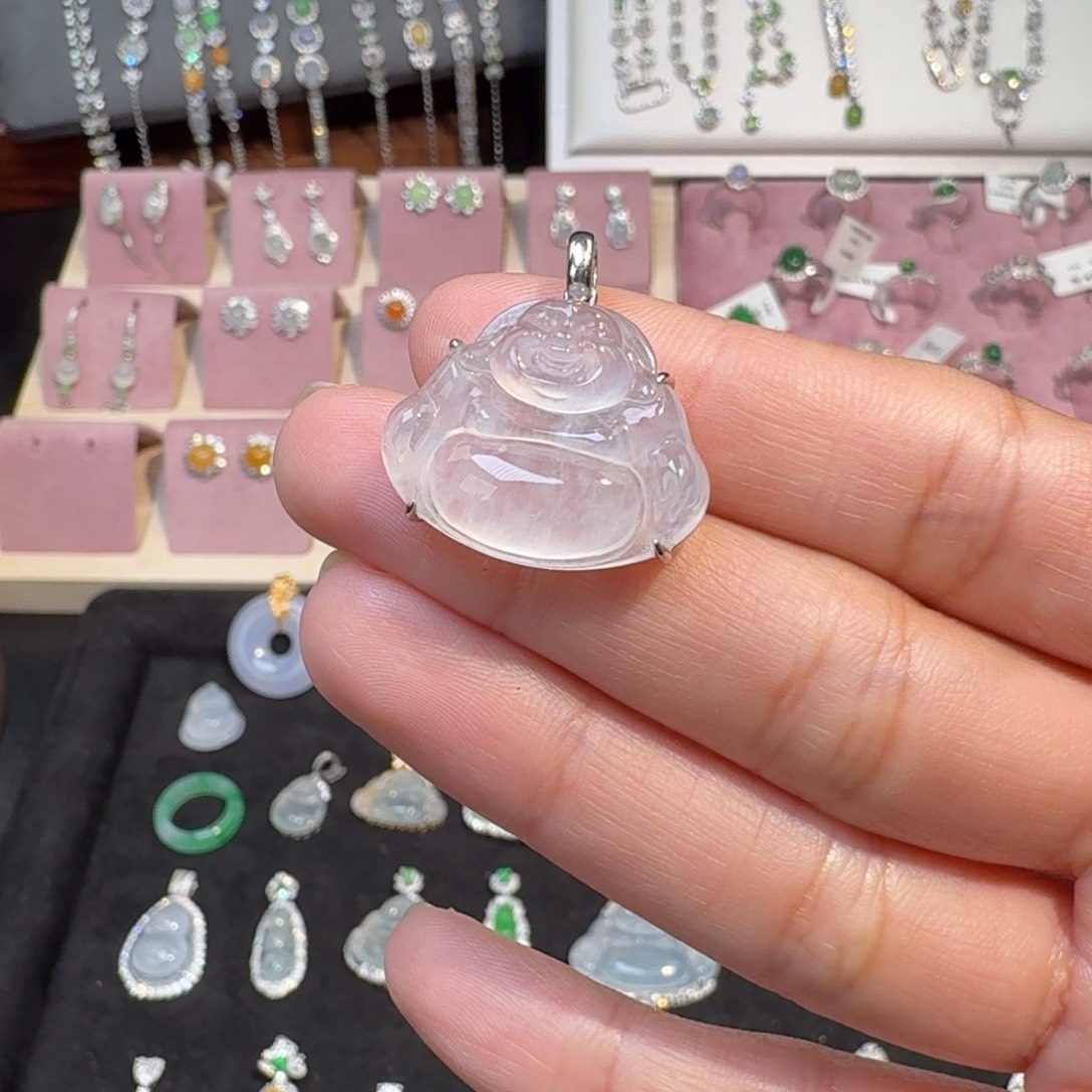 翡翠18K金镶嵌颈饰纯天然缅甸翡翠A货佛公