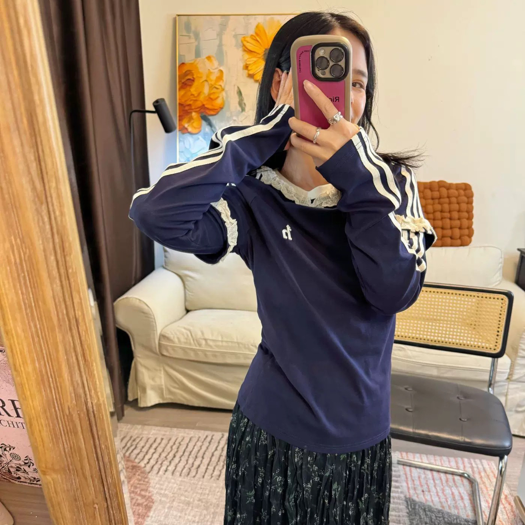 美美的蕾丝花呀！韩国代购时髦领口蕾丝棉拼接假两件长袖打底t恤